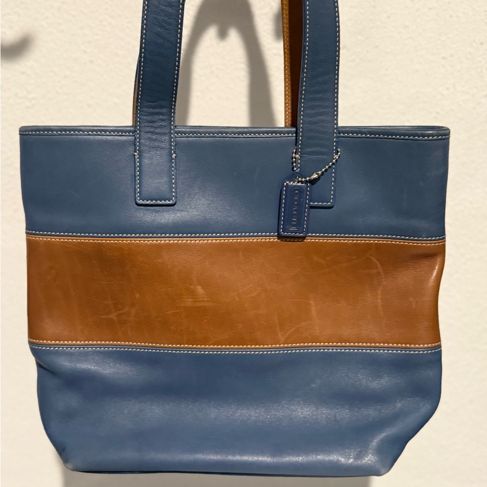Coach Blue and Tan Leather Shoulder Bag